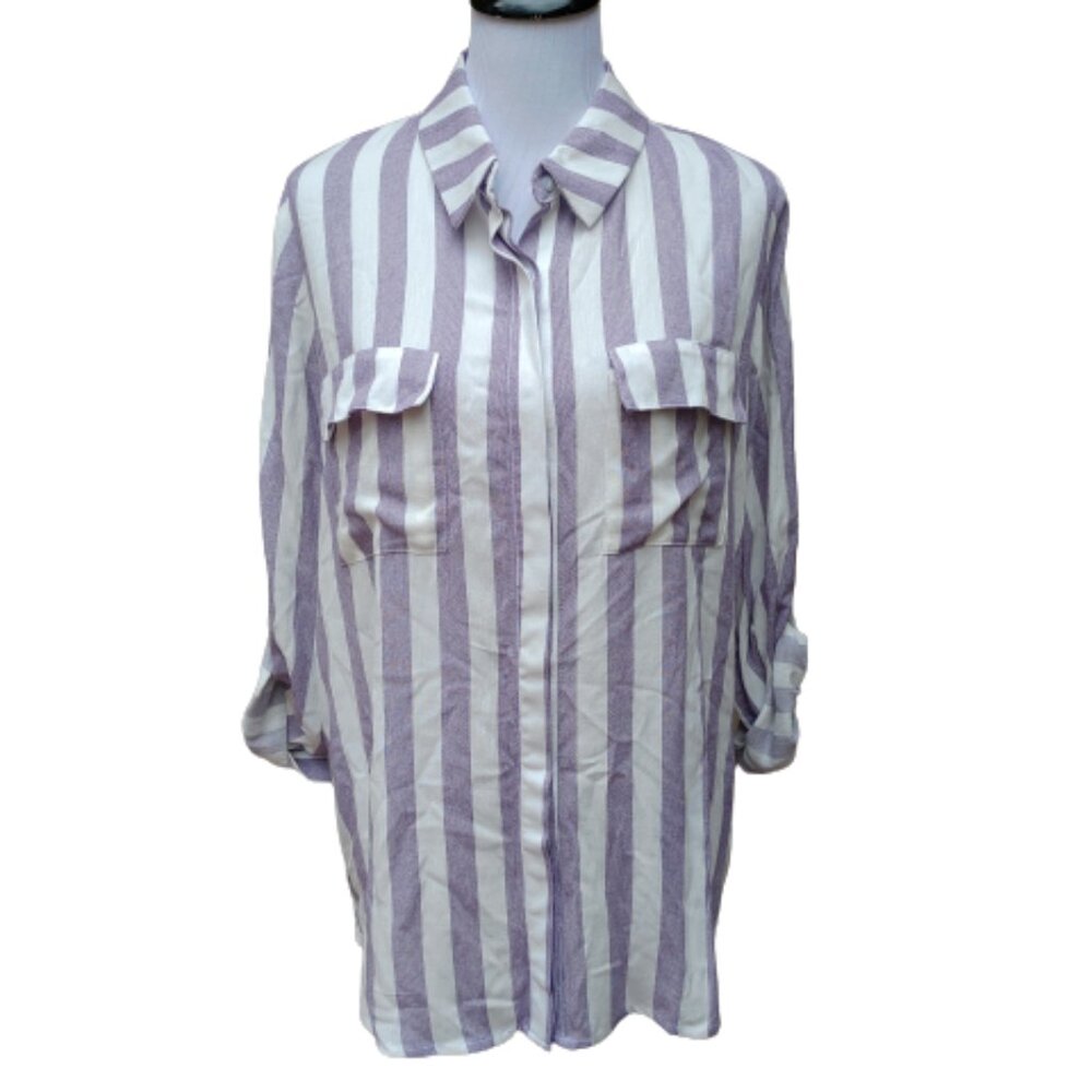 Gibson Purple Striped Button-Up Blouse Relaxed Roll-Tab Sleeves Pocket Squares